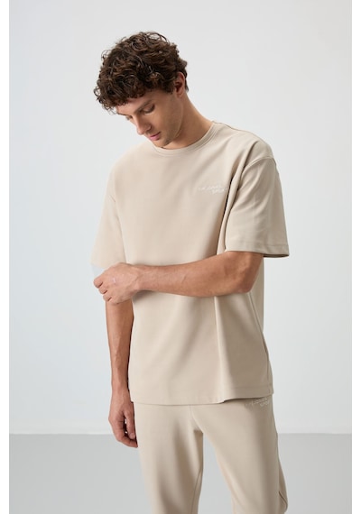 Tommy Life Bej Pamuklu Kalın Yumuşak Dokulu Oversize Fit Nakışlı Erkek Eşofman Takım - 85252 Bej