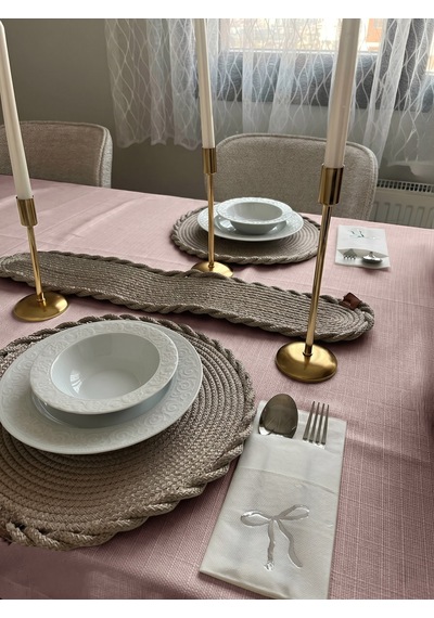 Br Perle Açık Pembe Keten Dokulu Masa Örtüsü