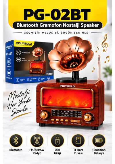 Polygold Pg-01bt Bluetooth Gramofon Nostalji Speaker Fm/am/sw Radyo Usb Tf Kart 1800 Mah