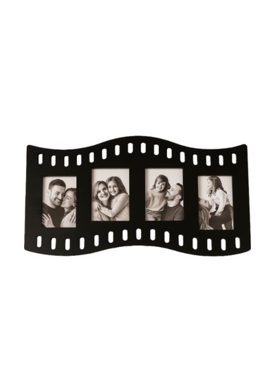 Duvar Fotoğraf Çerçevesi Film Rulo Desenli Fotoğraf Çerçeve Ahşap 4 Fotoğraf Kapasiteli Pano Siyah
