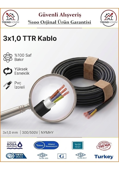 Öznur 3x1 Ttr Elektrik Kablosu - El Aletleri Uzatma Kablosu - Siyah - %100 Bakır - 8 Metre