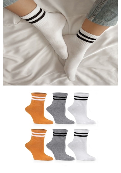 Ozzy Socks 6 Çift Çizgili Kolej Çorabı Sarı Gri Beyaz Pamuklu Tenis Çorabı Seti Çok Renkli