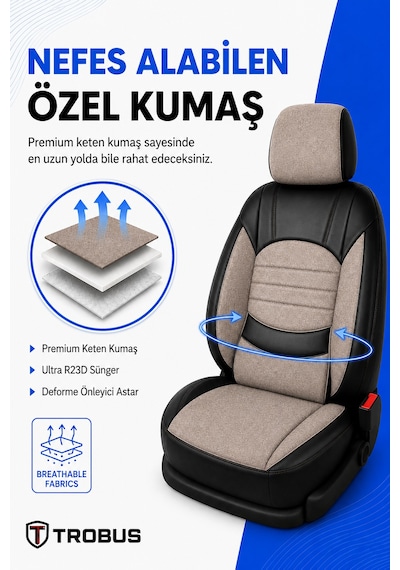 Levante Serisi Bel Destekli Keten Bej Siyah Üniversal Koltuk Kılıfı Tam Set