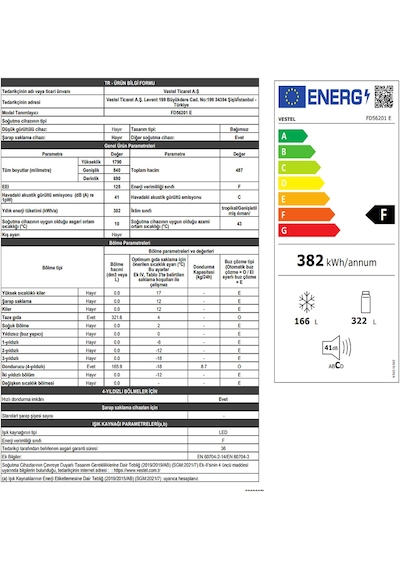 Vestel FD56201 E 487 LT No-Frost Gardırop Tipi Buzdolabı