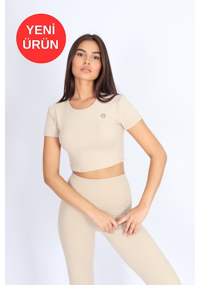 Kadın Organik Kumaş Bisiklet Yaka Vücuda Oturan Slim Fit Atlet Bluz Bej