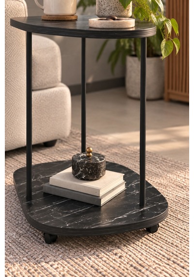 Sulorahome Tekerlekli Oval Servis Sehpası Siyah Mermer Desenli
