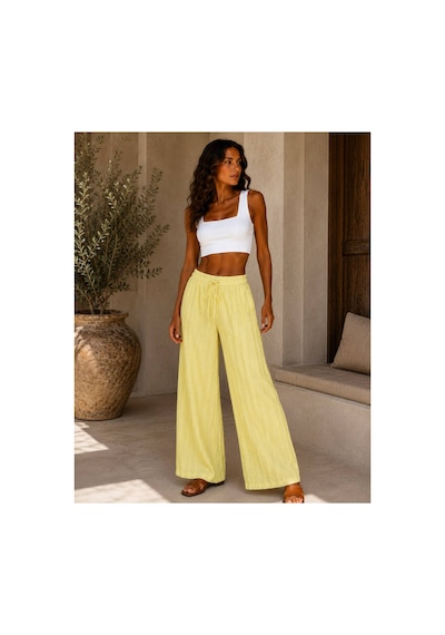 Hira Life Fashion Kadın Kumaşı Kabartma Detaylı Bol Paça Ve Önü Bağcıklı Salaş Burgu Şık Pantolon Sarı Sarı