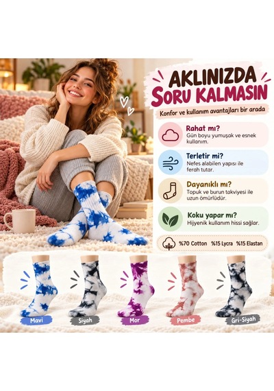 Bezos Unisex Batik Desenli Çorap 10'lu Set Pamuklu Renkli Uzun Soket Dikişsiz Nefes Alan Günlük Spor Çorabı Ventra Çok  Renkli
