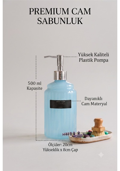 Modern Sıvı Sabunluk - Renkli Cam Mutfak Deterjan Ve Sıvı Sabunluk, Gümüş Pompalı - 20x8x8 Cm Mavi