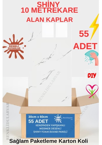Cf-1035 10m2 55 Adet 30x60cm Yapışkanlı Mermer Desenli Karavan Banyo Wc Duvar Kaplama Paneli Beyaz