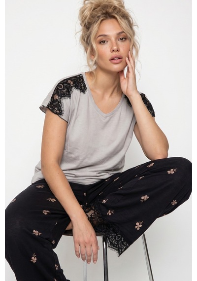 Siyah İnci Dantelli Viskon Örme Pijama Takım 8065 Açık Gri