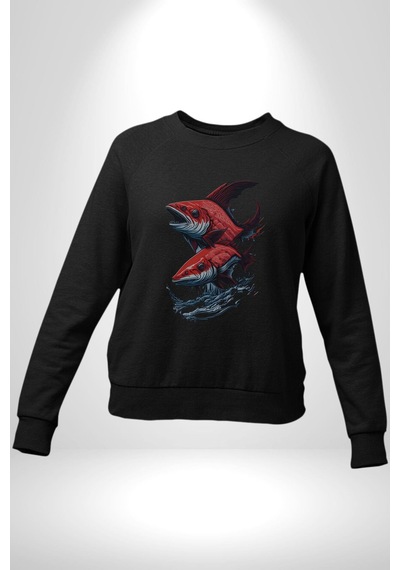 Kırmızı Japon Balığı Unisex Siyah Baskılı Sweatshirt Siyah