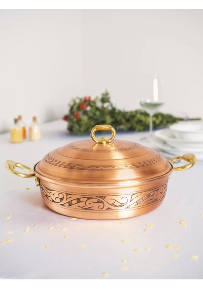 Bakır Pilav Tenceresi Oyma Nakış İşleme Mat Bakır Renk 25 Cm