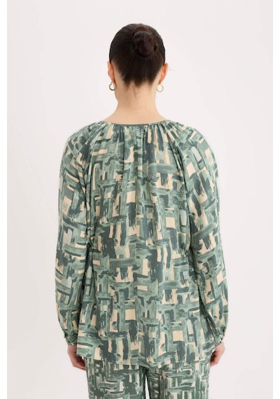 DeFacto Regular Fit Büzgülü Yaka Desenli Uzun Kollu Bluz E6860AX25SPGN1110