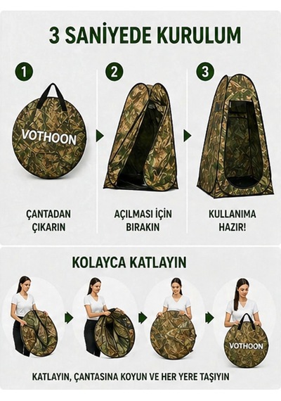 Otomatik Kabin Giyinme Çadırı 120x120x190 Cm Üst Havalandırma Yan Pencereli Duş & Wc Çadırı Kamuflaj