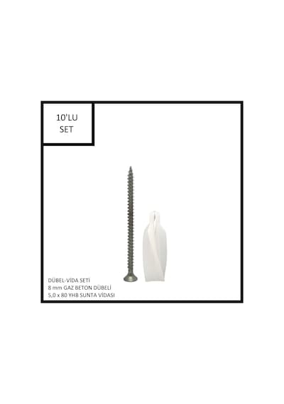 Dübel-vida Seti, Gaz Beton Ytong Dübeli 8 Mm, 5,0x80 Yhb Sunta Vidası, 10 Adet