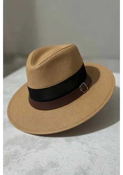 Mollycrush Erkek Camel Hasır File Detaylı Panama Kemer Tokalı Yazlık Ve Plaj Fötr Şapka Camel