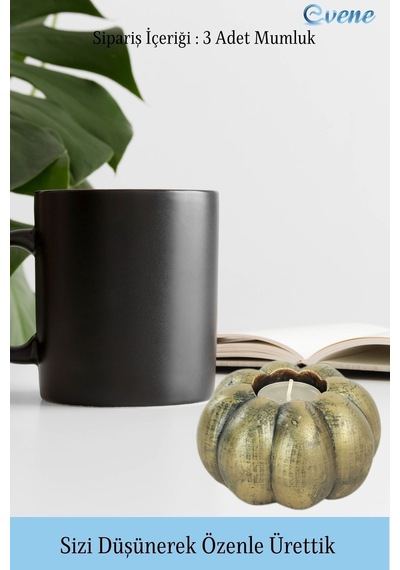 Eskitme Mumluk Şamdan 3 Adet Tealight Ve İnce Mum Uyumlu Kabak Model - Altın Eskitme