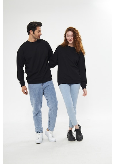 Unisex Siyah Waffle Kumaş Rahat Oversize Basic Sweatshirt Siyah