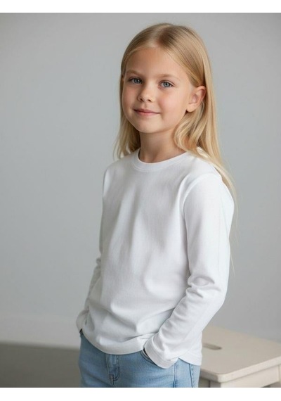 Zekids Kız Çocuk Pamuklu Bisiklet Yaka Uzun Kollu İnce Basic T-shirt-16776 Beyaz