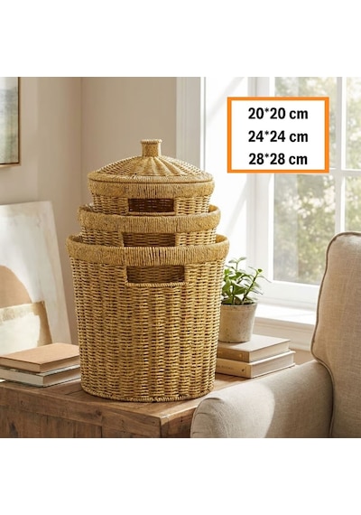 Buffer 3 Lü İç İçe Geçebilen Büyük Plastik Rattan Hasır Sepet Seti-dayanıklı Çok Amaçlı Ev,banyo Ve Mutfak Düzenleyici Kahverengi