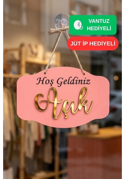 Gold Pleksi Detaylı 3d Ahşap Açık-kapalı Tabelası - Pembe