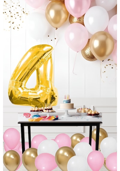 4 Yaş Retro Krom Gold Pembe Beyaz Balon Seti Gold Rakamlı Doğum Günü Balonu Şık Parti Süsleme Çok Renkli