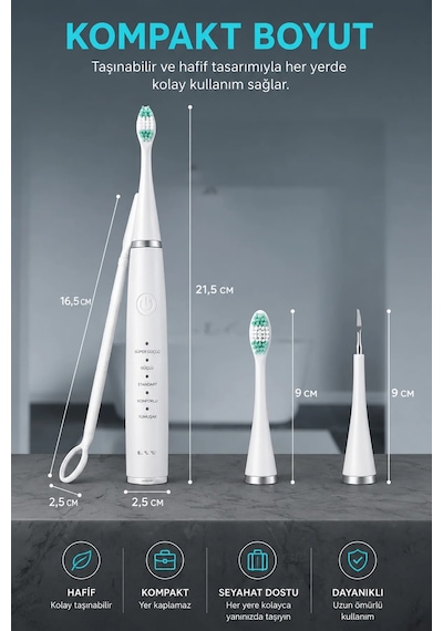 Exenar - Beyaz - Diş Taşı Temizleme Cihazı Şarjlı Diş Fırçası Sonik Ultrasonik Akıllı Diş Taşı Temizleyici 5 Mod Ipx8