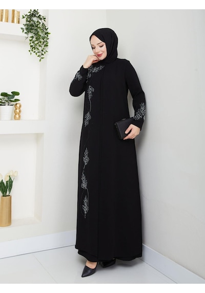 Eslemnur Büyük Beden Yaprak Taşlı Anne Elbisesi En7008 Siyah