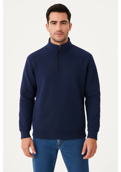 Barlashive Erkek Dik Yaka Sweatshirt Dik Yaka Yarım Fermuarlı 3 İplik Pamuk Kumaş - Lacivert Çok Renkli