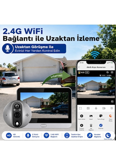 Cmr101 Kapı Zilli Kameramı Ekranlı Güvenlik Kamerası 1080p 2mp Full Hd Görüntü 4.3 İnç Ekran Wifi Akıllı Kapı Kamerası 4.3" Ekran 1080p Hd Görüntülü Kapı Dürbünü Pır Sensörlü