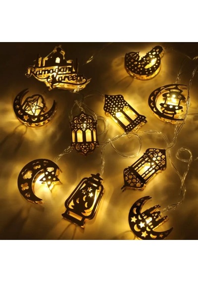 Ramazan Temalı Karışık Figürlü 2 Metre Pilli Gold Metal Dekoratif Led Işık Açık Sarı