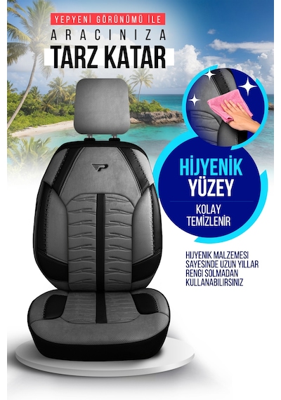 Füme - Siyah Panda Barbados Serisi Alkantra Kumaş Oto Koltuk Kılıfı - Tam Set