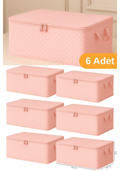Serstil 6 Adet - Pembe Benekli Büyük Boy Baza Altı Ve Çekyat Tipi Hurç 65x45x22 Cm Pembe Puantiye