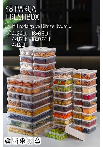 48 Parçalı Set Freshbox Mikrodalga Ve Difrize Uygun Saklama Kabı Seti Krem Krem