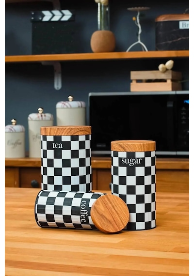 Ucr Home 3'lü Set Metal Çay Kahve Şeker Saklama Kavanozu Dama