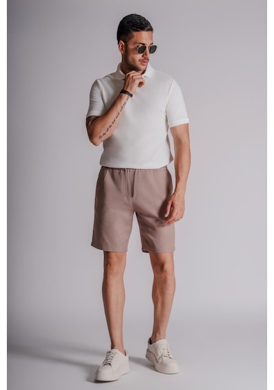 Braccas Erkek Yandan Cepli Beli Lastikli Keten Dokulu Relaxed Fit Jogger Şort Vizon Vizon