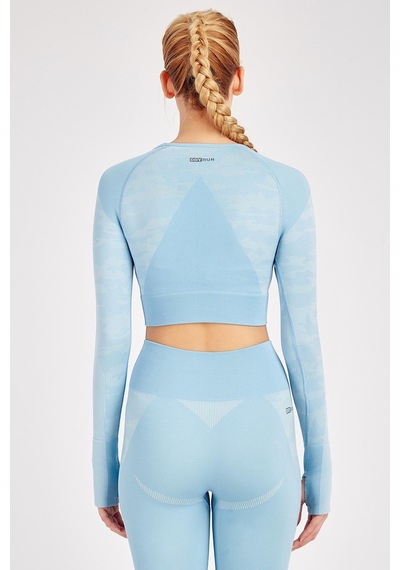 Maraton Active Slimfit Kadın Bisiklet Yaka Uzun Kol Fitness Mavi Crop Top 816013 Mavi