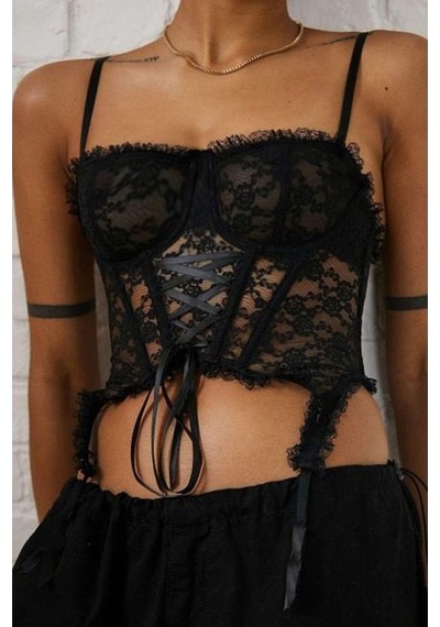 Fashion Cocktail Ön Korseli Askılı Göğüs Pedli Dekoratif Saçaklı Dantelli Gece Krop Büstiyer Siyah Fashion Cocktail Ön Korseli Askılı Göğüs Pedli Dekoratif Saçaklı Dantelli Gece Krop Büstiyer Siyah