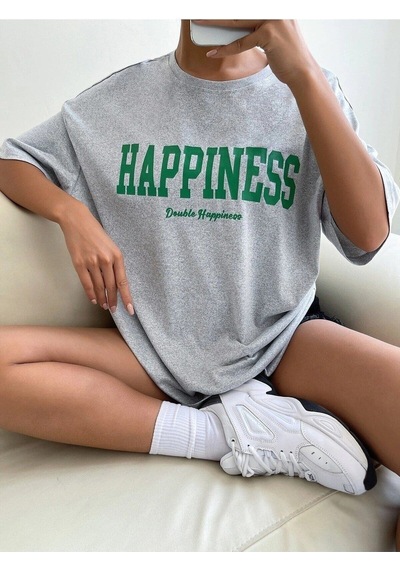 Flood Of Style Kadın Gri Happıness Baskılı Oversize Tshirt