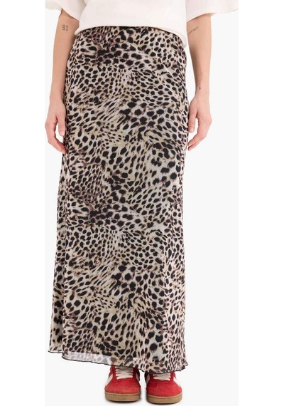 DeFacto Coool A Kesim Leopar Desenli Yüksek Bel Penye Astar Tül Maxi Etek D7077AX25SPBG294