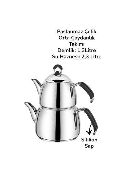 İmza Stil Paslanmaz Çelik Çaydanlık Takımı Orta Boy Kahverengi