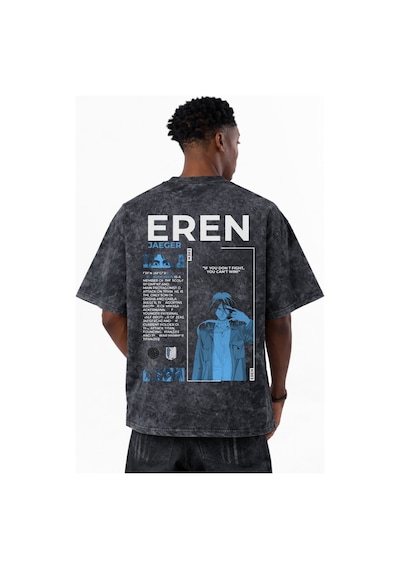 Attack On Titan Eren Jaeger Anime Baskılı Unisex Oversize Eskitme Siyah