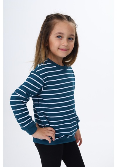 Toontoy Kız Çocuk Regular Fit Bisiklet Yaka Düşük Omuz Çizgili Sweatshirt - 2 İplik Petrol Mavi