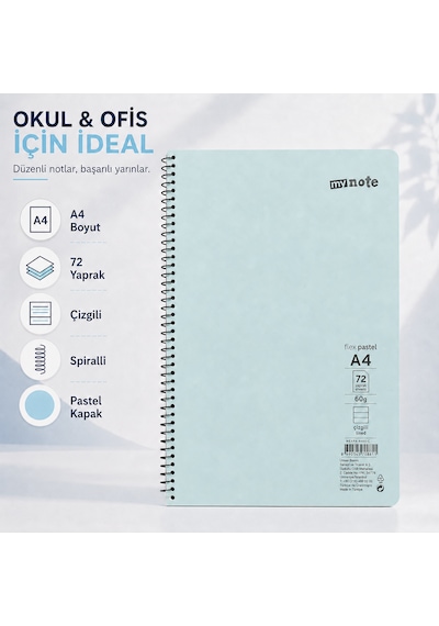 Mynote Flex Pastel A4 72 Yaprak 60 Gr Spiralli Çizgili Defter Turkuaz