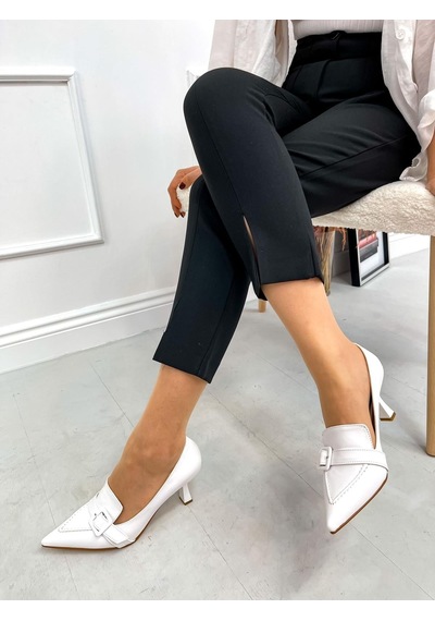 Ervanın Butiği Beyaz Cilt Kahlo Toka Detay Kadın Stiletto-3920