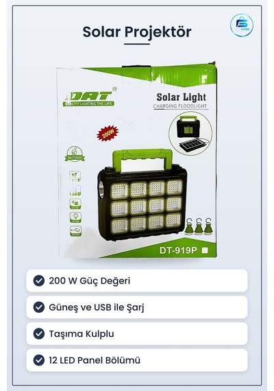 Solar Projektör 200 W Usb Şarjlı Güneş Enerjili Taşınabilir Led A