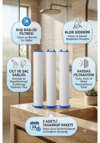 3 Adet Duş Başlığı Filtresi Kireç, Klor Ve Pas Önleyici Yedek Filtre Seti