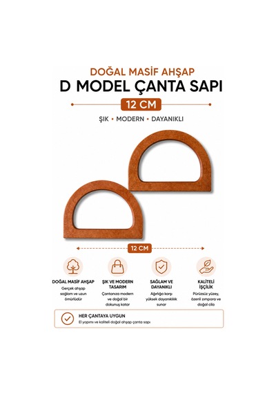 Vollen Yarn Doğal Masif Ahşap D Model Çanta Sapı 12 Cm 1 Çift 2 Adet El Yapımı Çanta Kulpu Bej