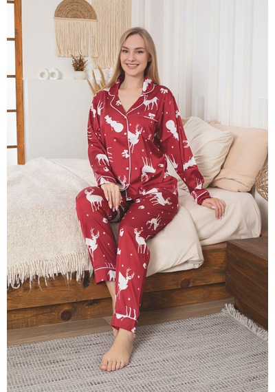 Lüks Saten Pijama Takımı Düğmeli, Cepli Ve Arabiyeli Kırmızı